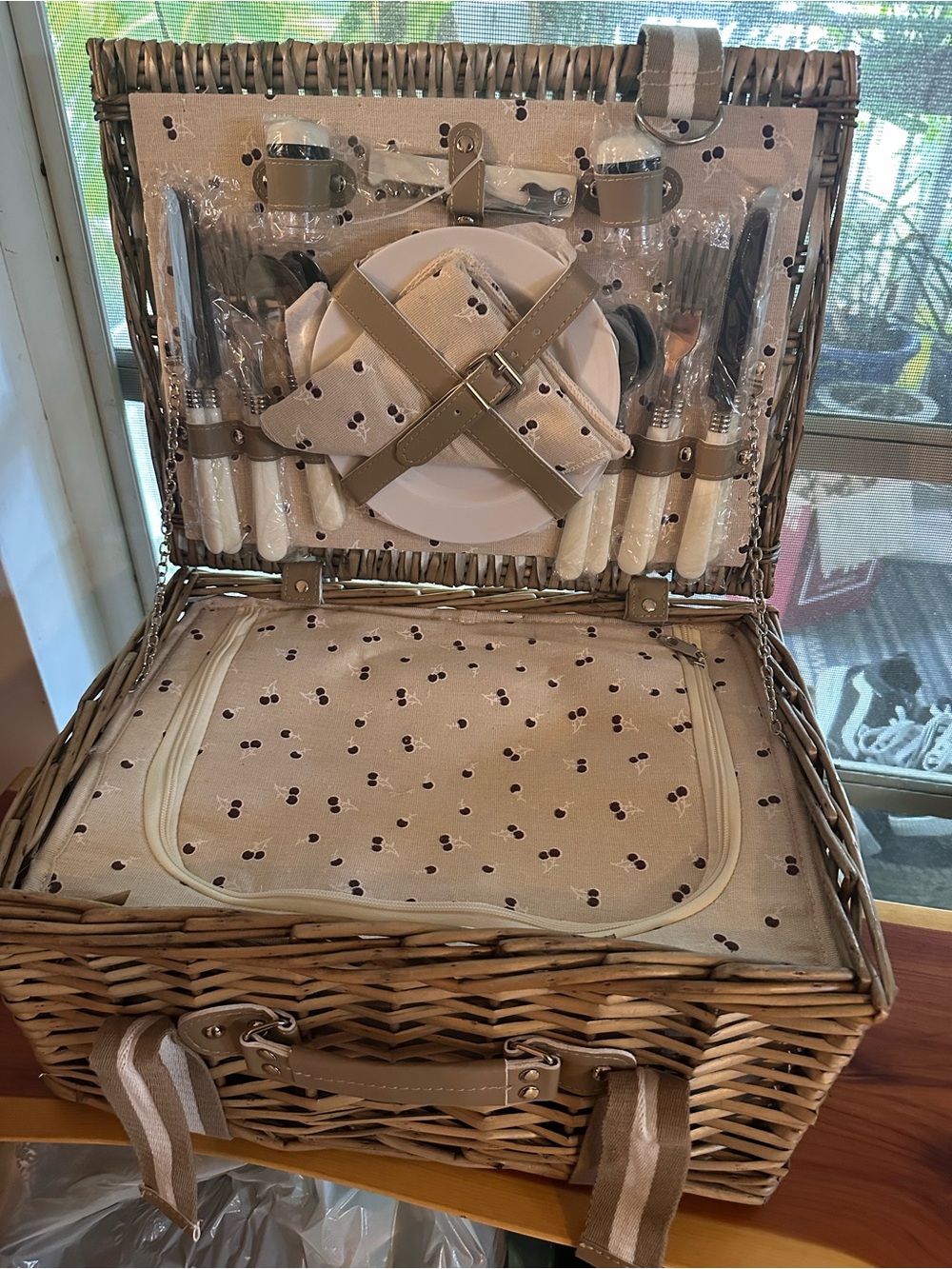 Wicker Picnic Basket Tote in Beige with Cherry Print